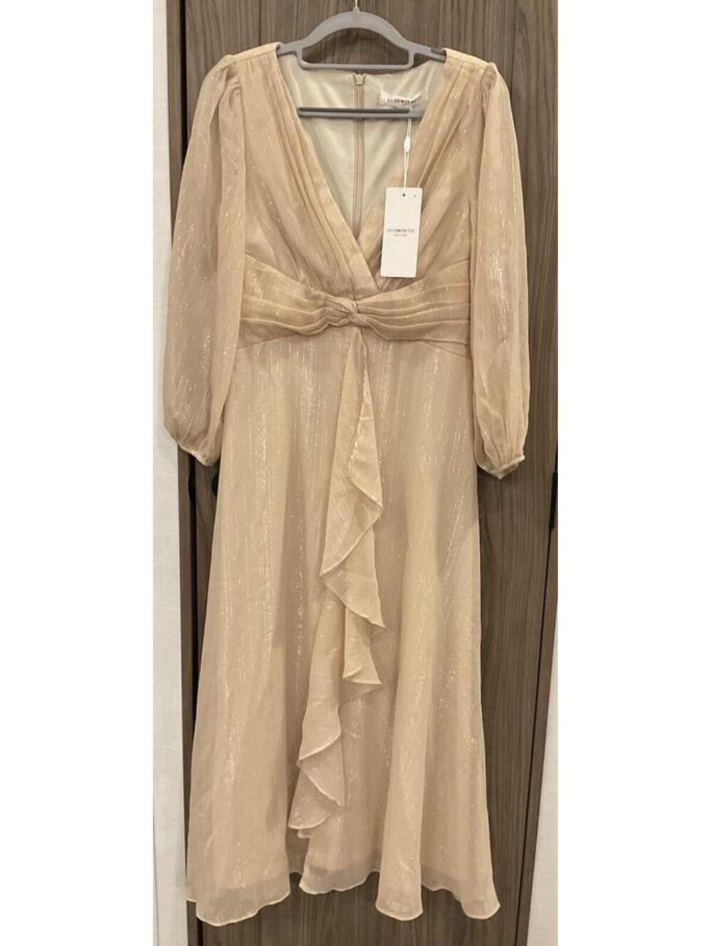 NWT Ever Pretty Womens Long Sleeve Beige Dress W/silver Shimmer zip Back Size M